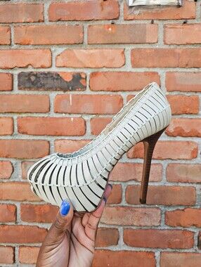 Report Signature Calyer Cream Leather Caged Platform Pumps Heels Made Brazil 6.5